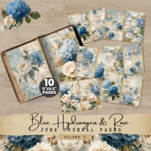 Blue Hydrangea and Roses Junk Journal Pages