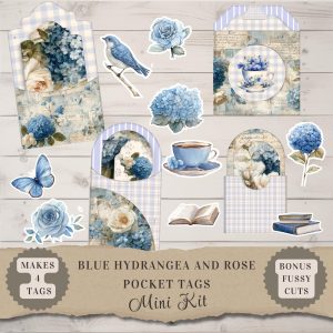 Blue Hydrangea and Roses Pocket Tags