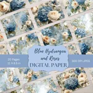 Blue Hydrangea and Roses Digital Paper