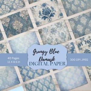 Blue Hydrangea and Roses: Grungy Blue Damask Digital Paper