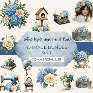 Blue Hydrangea and Roses Clipart Bundle Set 2