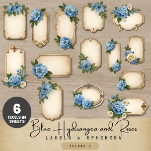 Blue Hydrangea and Roses Labels and Ephemera