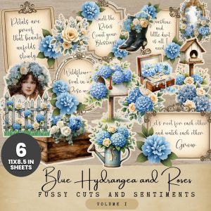Blue Hydrangea and Roses Fussy Cuts