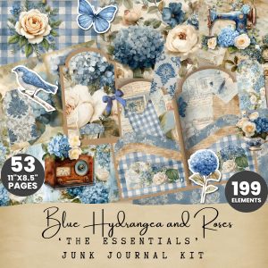 Blue Hydrangea and Roses Essentials Junk Journal Kit