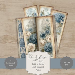 Blue Hydrangea and Roses Tall and Skinny Junk Journal Pages
