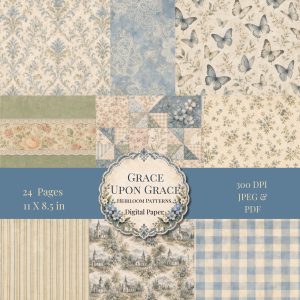 Grace Upon Grace Heirloom Patterns digital papers with vintage blue florals, butterflies, quilt blocks and plaid