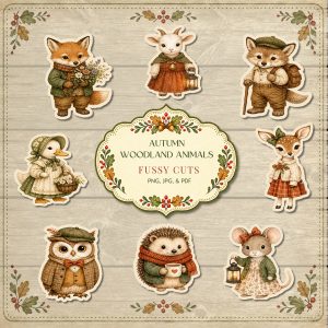 Autumn Woodland Animals fussy cuts featuring cozy vintage-style fox, deer, owl, hedgehog and other forest animals.