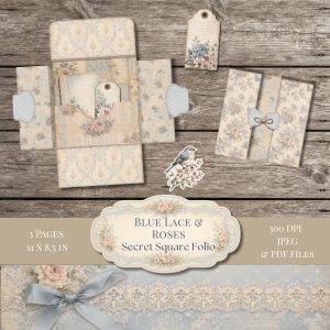 Blue Lace and Roses Secret Square Folio printable junk journal kit