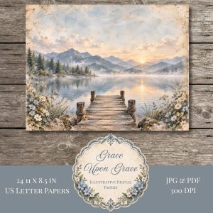 Grace Upon Grace illustrative digital papers: vintage mountain lake and floral scenery, 24 US Letter papers
