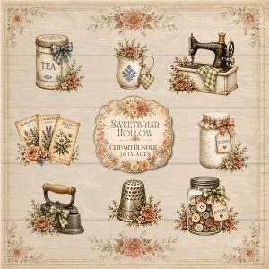 Sweetbriar Hollow clipart bundle with vintage sewing, garden and farmhouse elements, 36 transparent PNG images