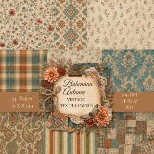 Bohemian Autumn Vintage Textile Papers printable digital paper pack