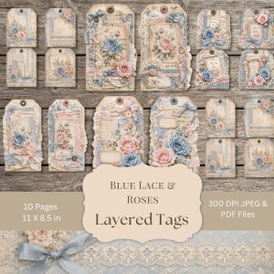Blue Lace and Roses Layered Tags